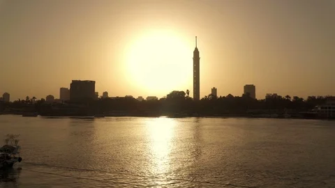 Cairo tower and river Nile at sunset. City skyline. Stock Footage 124983794