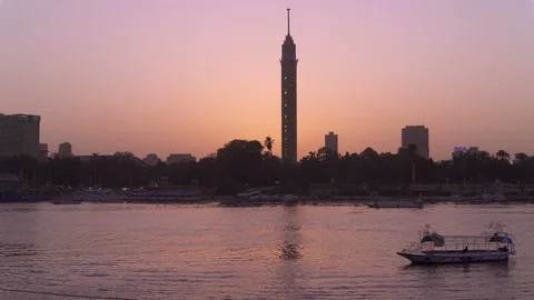 Cairo tower and river Nile, silhouette sunset in Cairo, Egypt Stock Footage 125492787