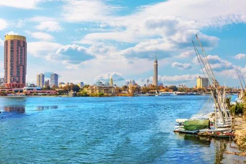 Cairo view, the Tower and hotels in the harbour of Nile, Egypt Stock Photos