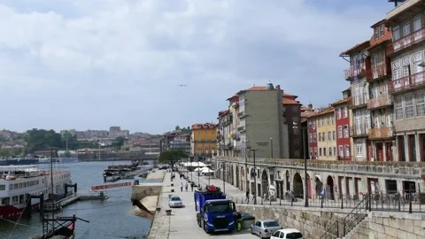 Cais da Ribeira panoramic shot in Porto, Portugal. City center and Douro Rive Stock Footage 155905558