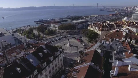 Cais do sodre Lisbon district Portugal aerial shot 4k Stock-Footage 142495354