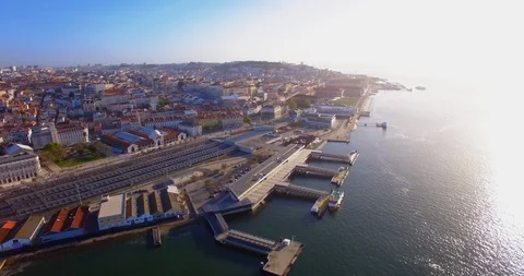 Cais do sodre train station and ferry terminal to cailhas and Seixal Stock Footage 91221020