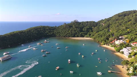 Caixa D Aco beach Porto Belo boats rainforest bay pullback aerial Stock-Footage 333728559