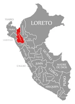 Cajamarca red highlighted in map of Peru Illustrazione stock