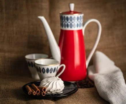Cake and coffee set on the table Stock Photos