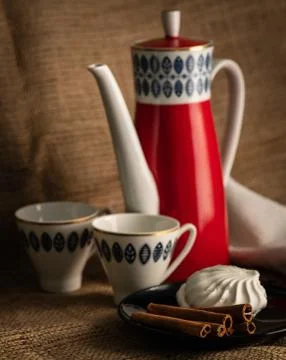 Cake and coffee set on the table Stock Photos