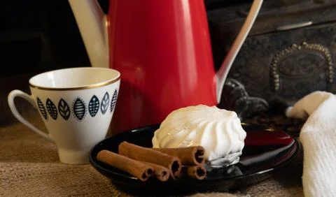 Cake and coffee set on the table Stock Photos