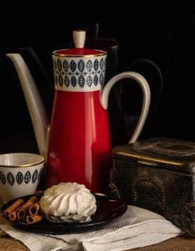 Cake and coffee set on the table Stock Photos