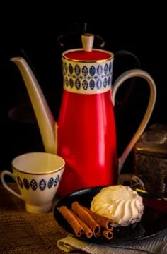 Cake and coffee set on the table Stock Photos