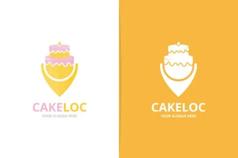 Cake and map pointer logo combination. Unique cupcake and pin logotype design Illustrazione stock