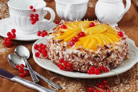 Cake with apricots and red currant Stock Photos