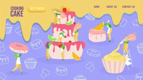 Cake baking concept, tiny people cartoon characters, website page template Stock Illustration