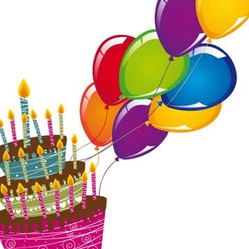 Cake with balloons over white background. vector illustration Ilustração Stock