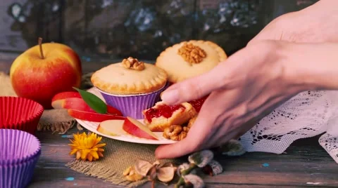 Cake basket berry jam nuts filling wooden table Stock Footage 65438614