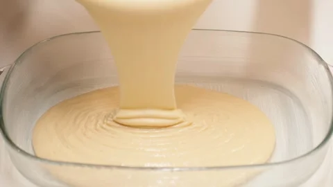 Cake Batter Pouring Into Baking Dish, Dessert Preparation Slow Motion Stock Footage 345436325