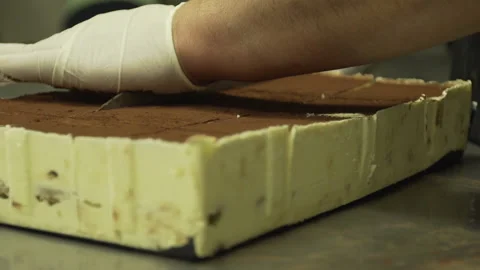 Cake being cut in kitchen Stock Footage 142159668