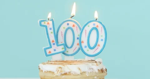 Cake with burning candles as number one hundred Video stock 90351322