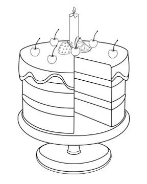 Cake on a cake stand. Cake cut without one piece - linear stock illustration Illustrazione stock