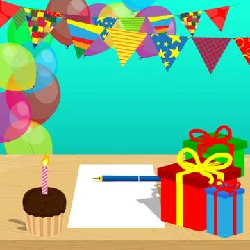 Cake with candle, gift boxes and white papper with pen on a table, balloons o Illustrazione stock