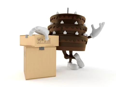 Cake character with stack of boxes Stock Illustration