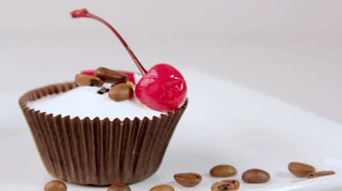 Cake with cherries and coffee, dessert Stock Footage 33604568