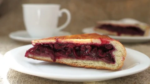 Cake with cherries close-up sprinkled with powdered sugar Stock-Footage 90495611