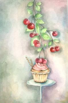 Cake with cherry Stock Illustration