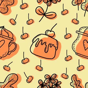 Cake with cherry seamless pattern. Cake sweet dessert for holiday. Vector Stock Illustration