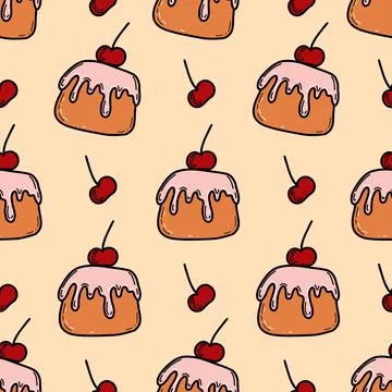 Cake with cherry seamless pattern. Cake sweet dessert for holiday. Vector Stock Illustration
