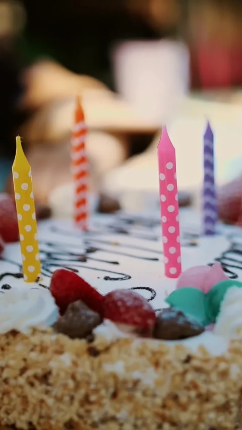 Cake. close-up. birthday cake with candles on festive table. Kid's Birthday Stock Footage 314887877