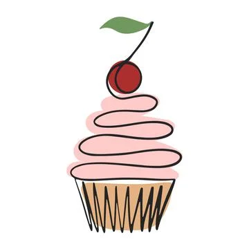 Cake with cream and cherry line art vector isolated illustration Stockillustratie