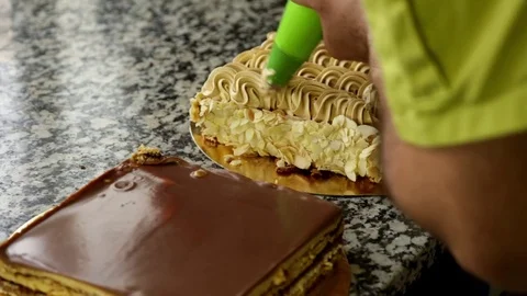 Cake with cream and chocolat Stock Footage 70431385