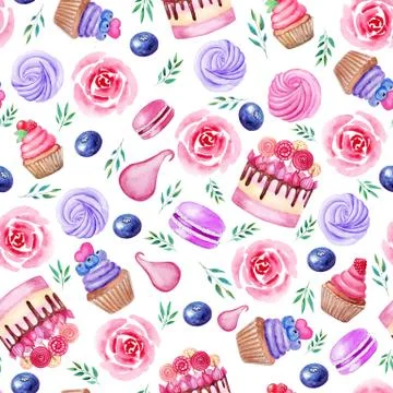 Cake, cupcake, macarons seamless pattern with roses and leaves. Watercolor il Illustrazione stock