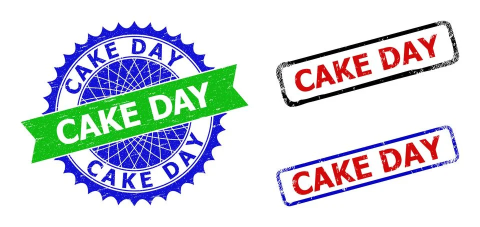 CAKE DAY Rosette and Rectangle Bicolor Badges with Grunge Textures Stock Illustration