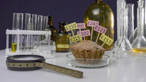 A cake decorated with tablets with the names of E. Food Laboratory additives on Stock Photos