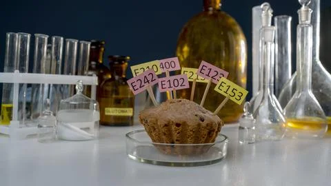 A cake decorated with tablets with the names of E. Food Laboratory additives on 写真素材