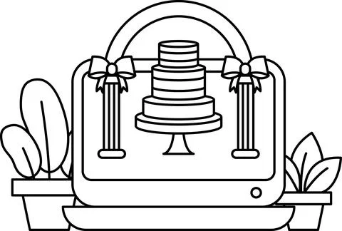 A cake is displayed on a table with a laptop and a potted plant Stock Illustration