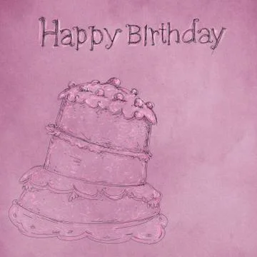 A cake drawn over colored background with birthday writing Stock Illustration