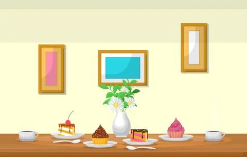 Cake Flower Cup of Coffee on Table Cafe Restaurant Illustration Stock Illustration
