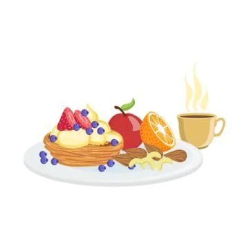 Cake, Fruit And Coffee Breakfast Food  Drink Set Ilustração Stock
