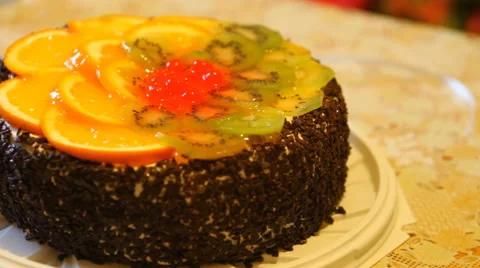 Cake with fruit on the table Stock Footage 49942390