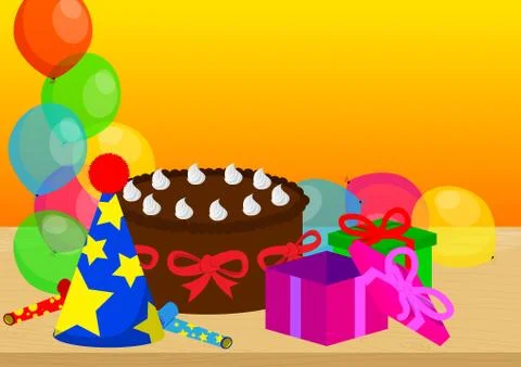Cake, gift boxes on a table, balloons on the background. Vector cartoon style Stock Illustration