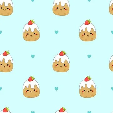 Cake in glaze on seamless pattern. Squishmallow. Cute cake. Kawaii, Vector Illustrazione stock