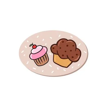 Cake logo. Vector color illustration of cupcakes in cartoon style. Drawing fo Stock Illustration