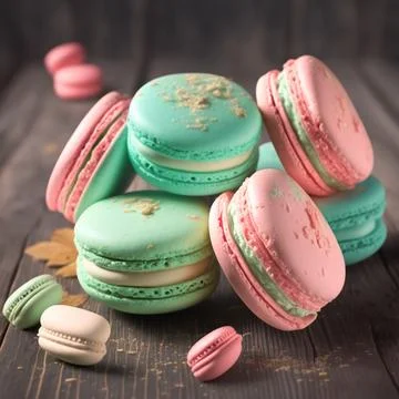 Cake macaron or macaroon stack on wooden table, colorful mint and pink almo.. Stock Illustration