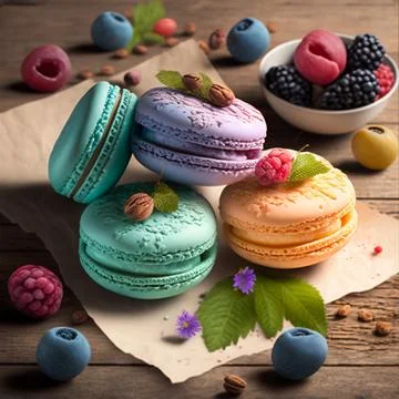 Cake macaron or macaroon stack on wooden table, colorful bright cookies wit.. Stock Illustration