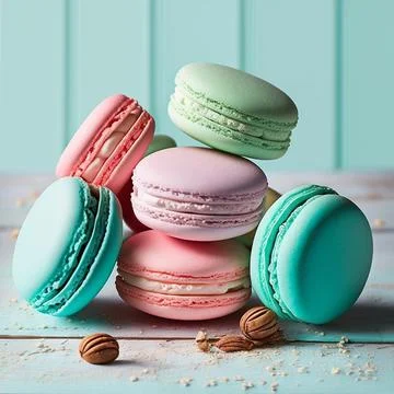 Cake macaron or macaroon stack on turquoise background, colorful mint and p.. Stock Illustration