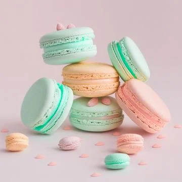 Cake macaron or macaroon stack on pink background, colorful mint and pink a.. Stock Illustration
