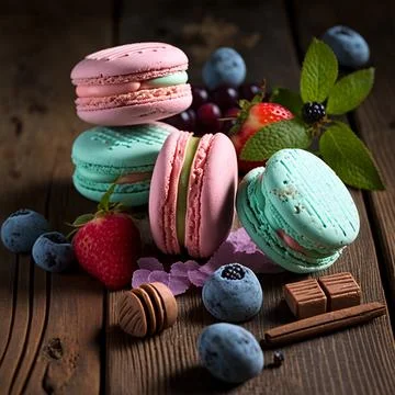 Cake macaron or macaroon stack on wooden table, colorful bright cookies wit.. Stock Illustration