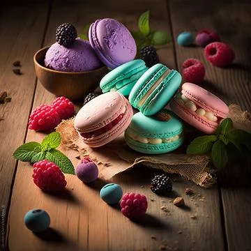 Cake macaron or macaroon stack on wooden table, colorful bright cookies wit.. Stock Illustration